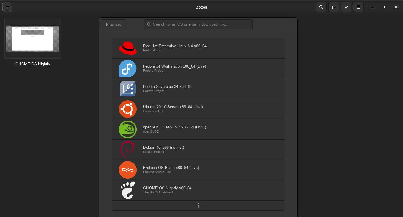 GNOME Boxes add virtual machine window