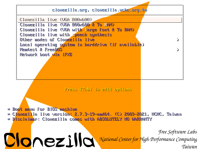 Clonezilla boot menu