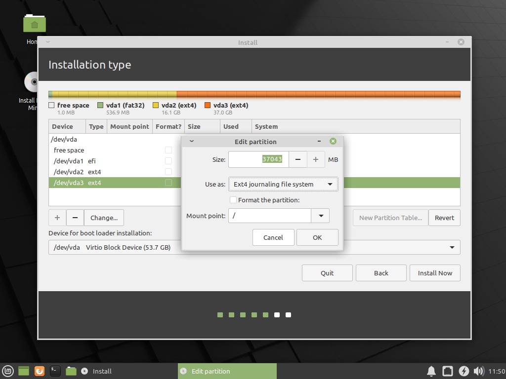 Linux Mint select partition window