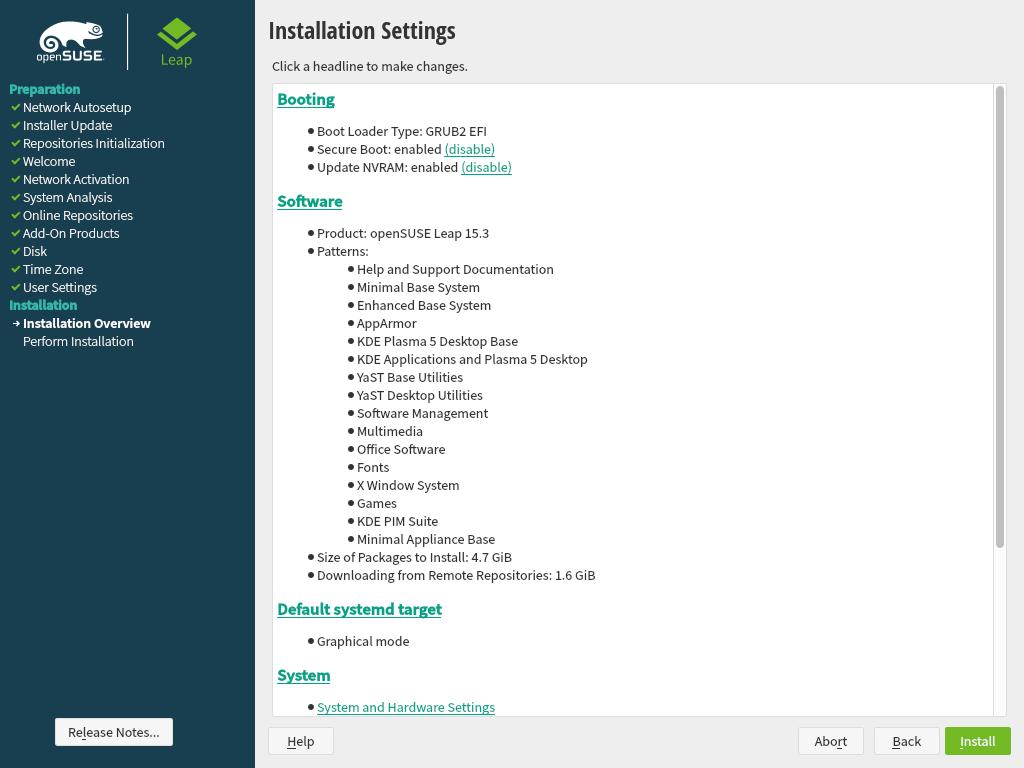openSUSE Leap installation settings