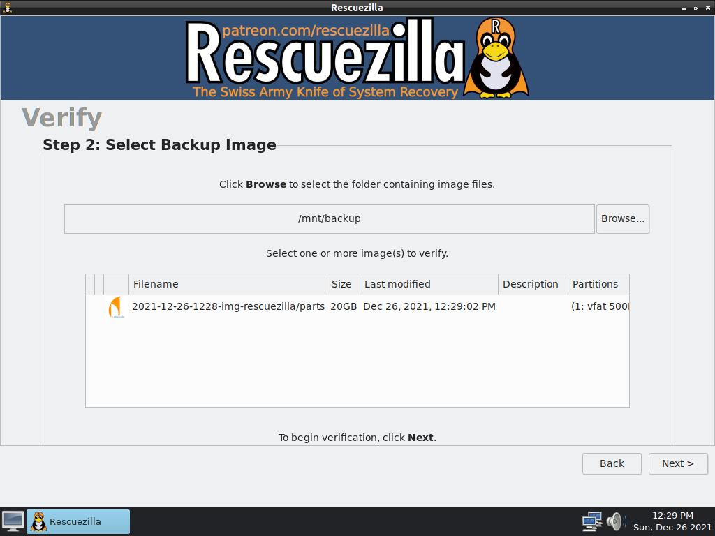 Rescuezilla verify image menu
