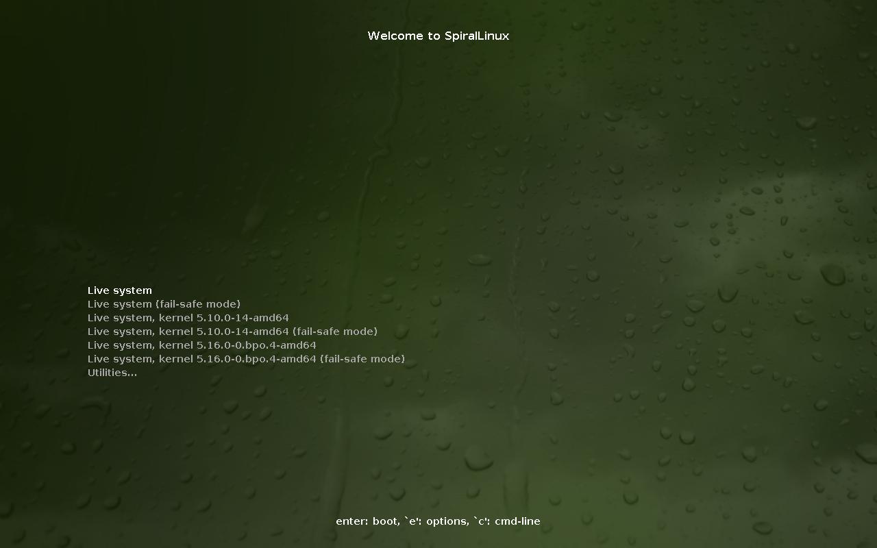SpiralLinux initial boot menu