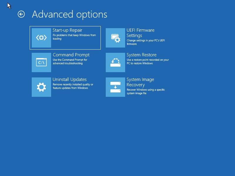 Windows install advanced options menu