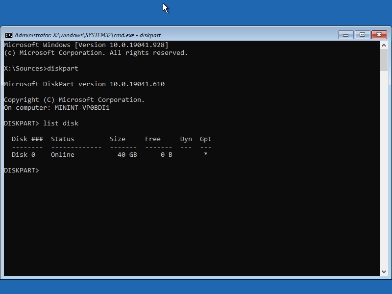 Windows diskpart list disk command