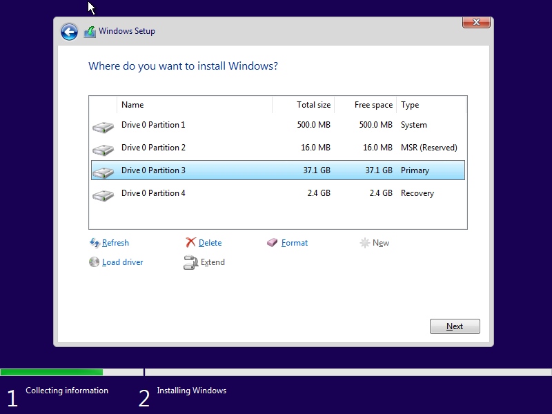 Windows install partitions menu